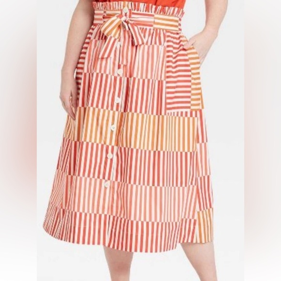 Who What Wear Geo Striped Belted Paper Bag Waist Button Front Midi Skirt - Picture 1 of 9